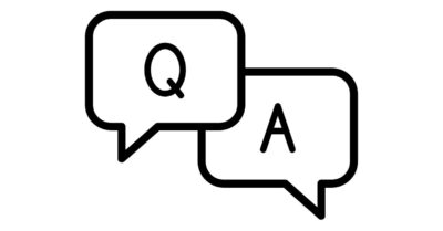 Black-and-white line illustration of two speech bubbles featuring the letters Q and A.