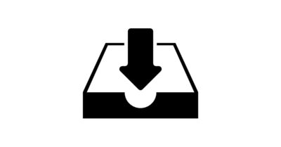 Black-and-white line illustration of an arrow pointing down at an in tray.