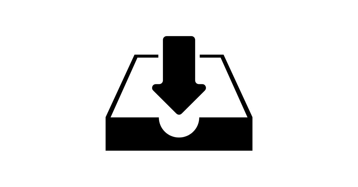 Black-and-white line illustration of an arrow pointing down at an in tray.