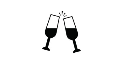 Black-and-white line illustration of two wine glasses cheersing.