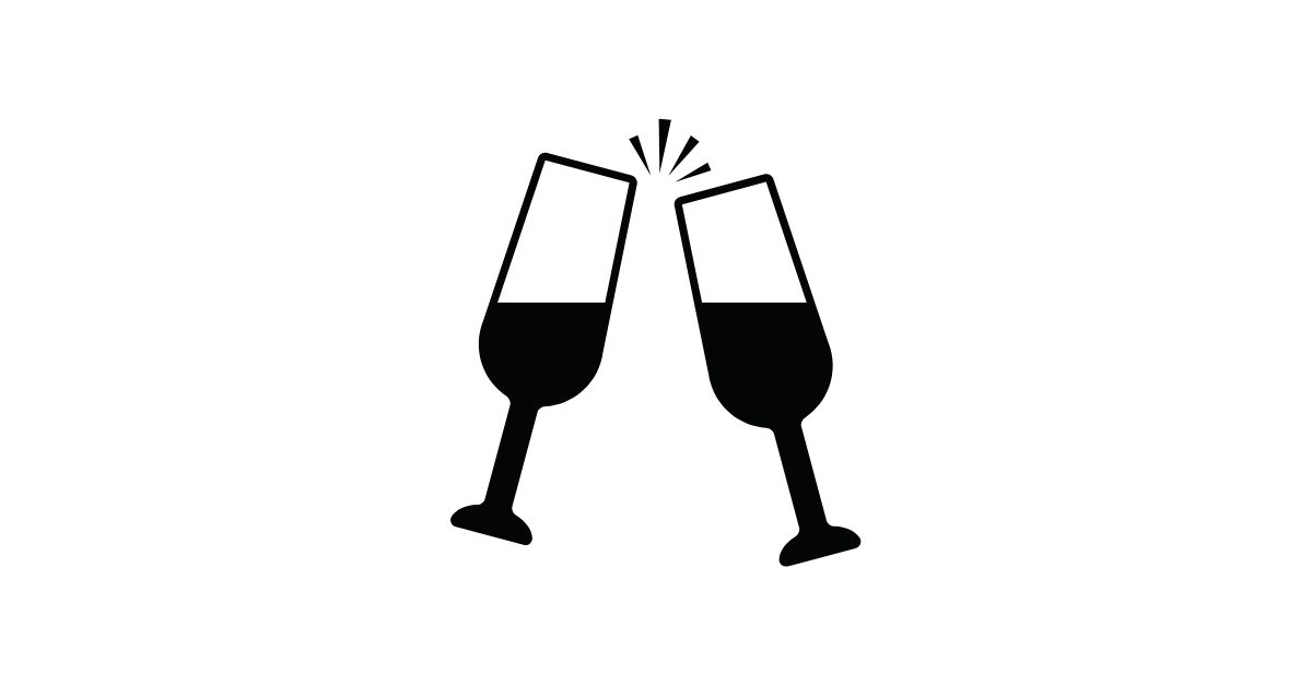 Black-and-white line illustration of two wine glasses cheersing.