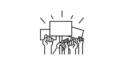 Black-and-white line illustration of a group of hands holding placards.