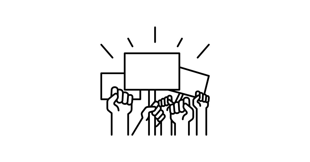 Black-and-white line illustration of a group of hands holding placards.